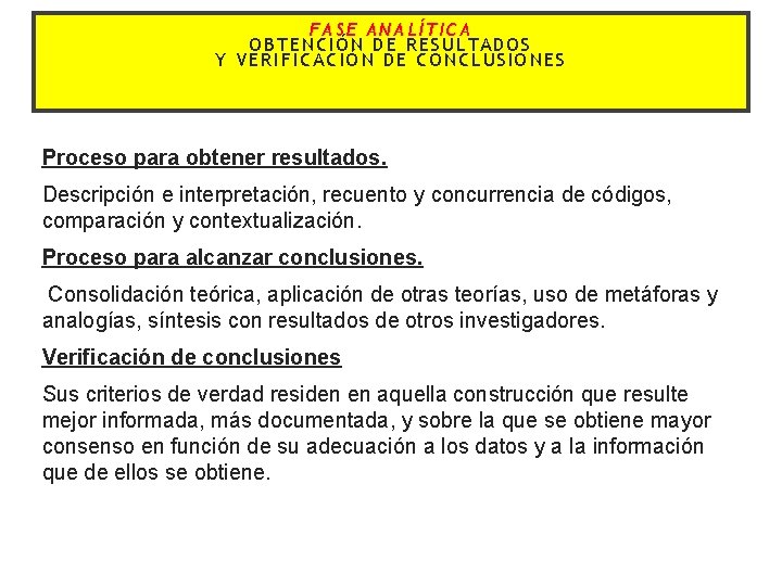 FASE ANALÍTICA OBTENCIÓN DE RESULTADOS Y VERIFICACIÓN DE CONCLUSIONES Proceso para obtener resultados. Descripción