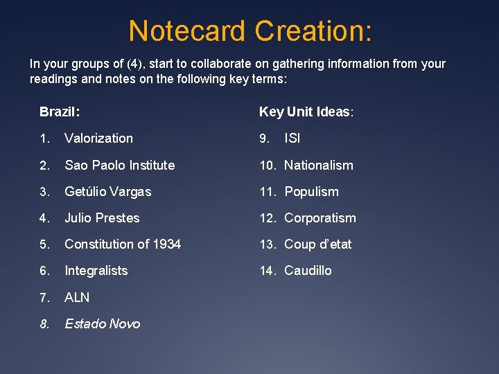 Notecard Creation: In your groups of (4), start to collaborate on gathering information from