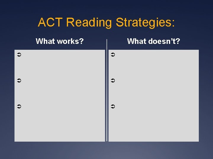 ACT Reading Strategies: What doesn’t? What works? Ü Ü Ü 