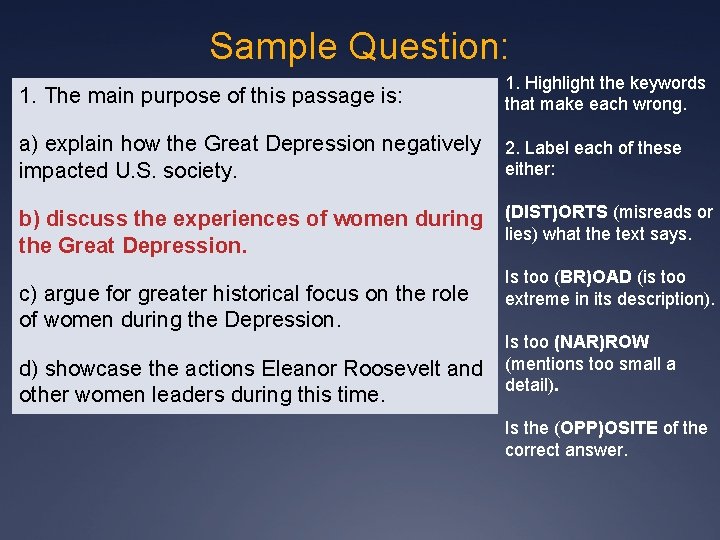 Sample Question: 1. The main purpose of this passage is: 1. Highlight the keywords