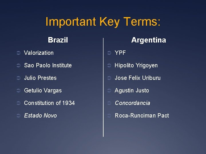 Important Key Terms: Argentina Brazil Ü Valorization Ü YPF Ü Sao Paolo Institute Ü