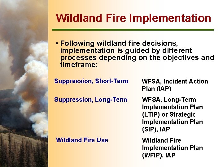 Wildland Fire Implementation • Following wildland fire decisions, implementation is guided by different processes