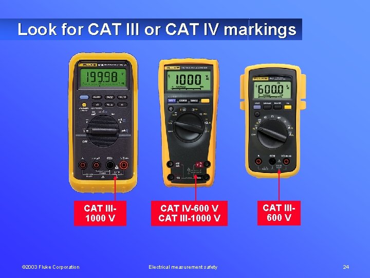 Look for CAT III or CAT IV markings CAT III 1000 V © 2003