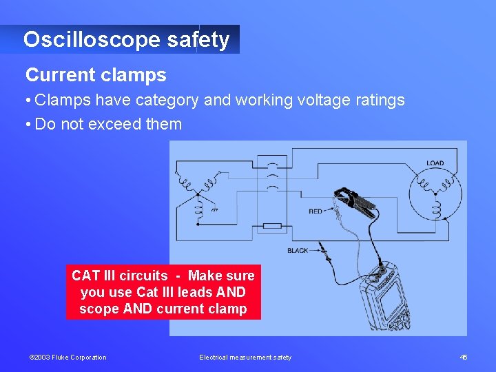 Oscilloscope safety Current clamps • Clamps have category and working voltage ratings • Do