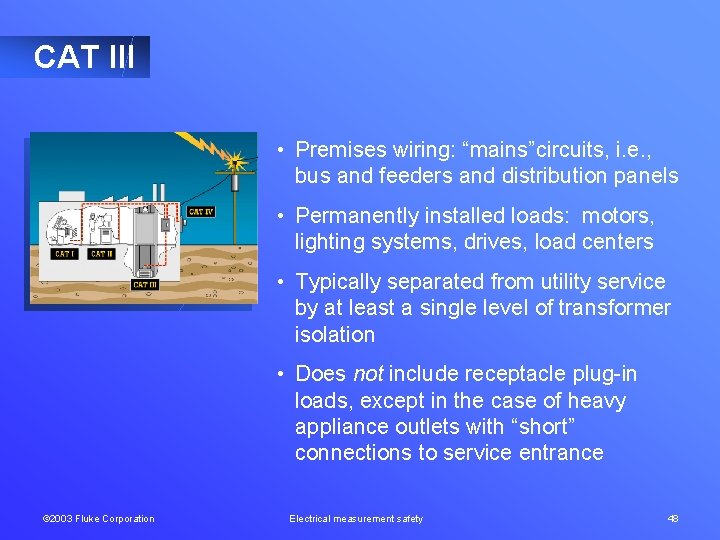 CAT III • Premises wiring: “mains”circuits, i. e. , bus and feeders and distribution