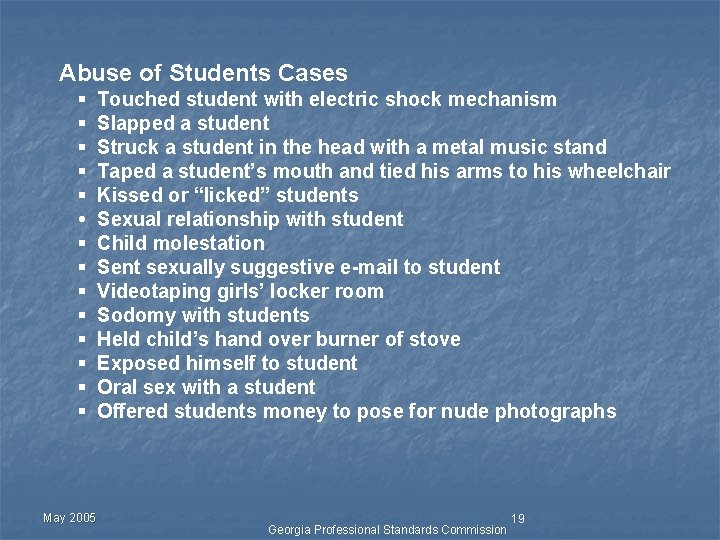 Abuse of Students Cases § § § § May 2005 Touched student with electric