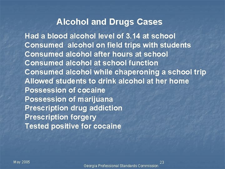 Alcohol and Drugs Cases Had a blood alcohol level of 3. 14 at school