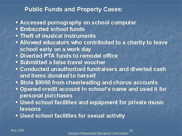 Public Funds and Property Cases: § § § Accessed pornography on school computer Embezzled