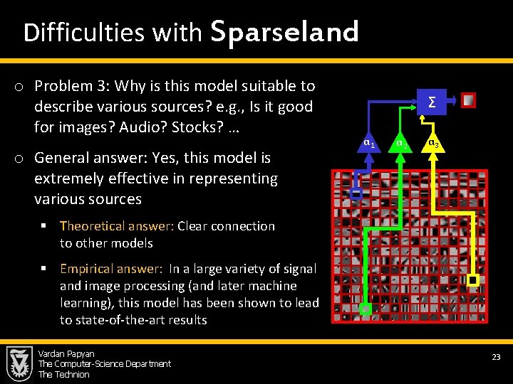 Difficulties with Sparseland o Problem 3: Why is this model suitable to describe various
