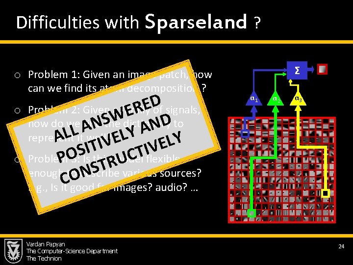 Difficulties with Sparseland ? o Problem 1: Given an image patch, how can we
