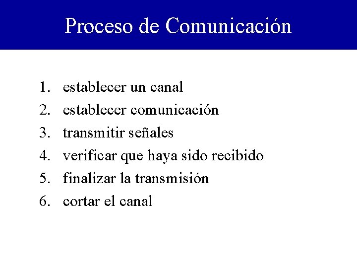 Proceso de Comunicación 1. 2. 3. 4. 5. 6. establecer un canal establecer comunicación