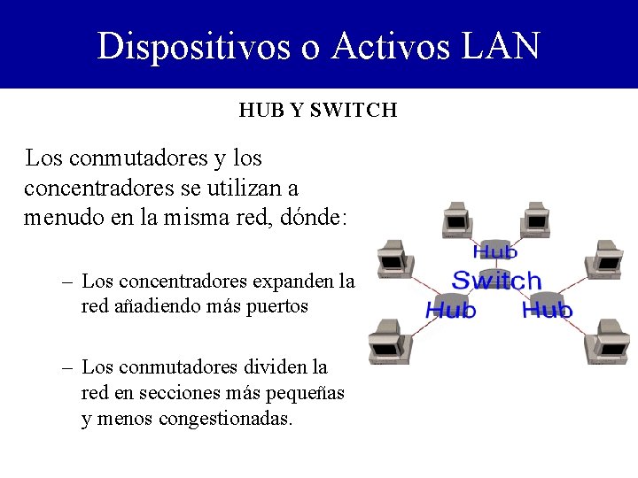 Dispositivos o Activos LAN HUB Y SWITCH Los conmutadores y los concentradores se utilizan