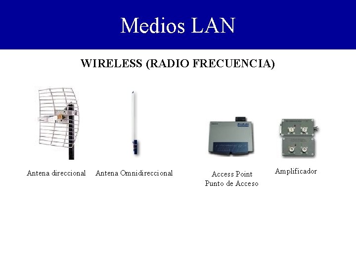 Medios LAN WIRELESS (RADIO FRECUENCIA) Antena direccional Antena Omnidireccional Access Point Punto de Acceso