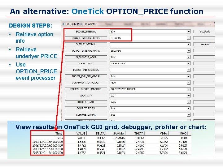 An alternative: One. Tick OPTION_PRICE function DESIGN STEPS: • Retrieve option info • Retrieve