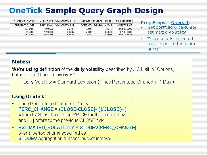 One. Tick Sample Query Graph Design Prep Steps – Query 1: • Get portfolio