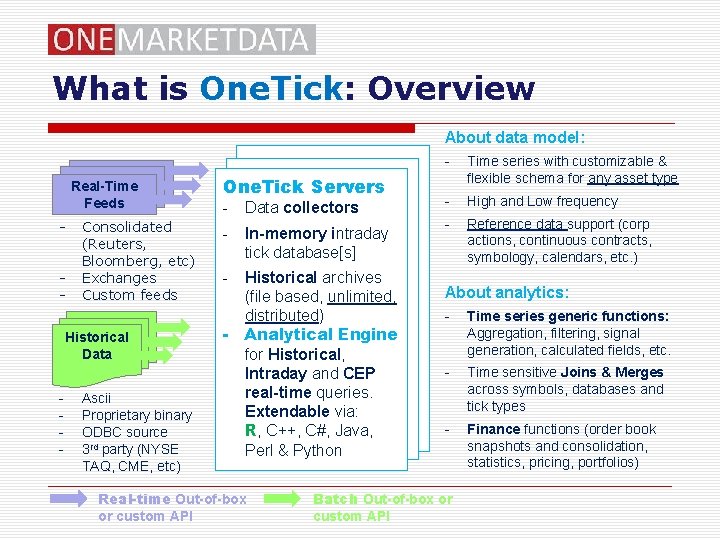 What is One. Tick: Overview About data model: Real-Time Feeds - Consolidated (Reuters, Bloomberg,