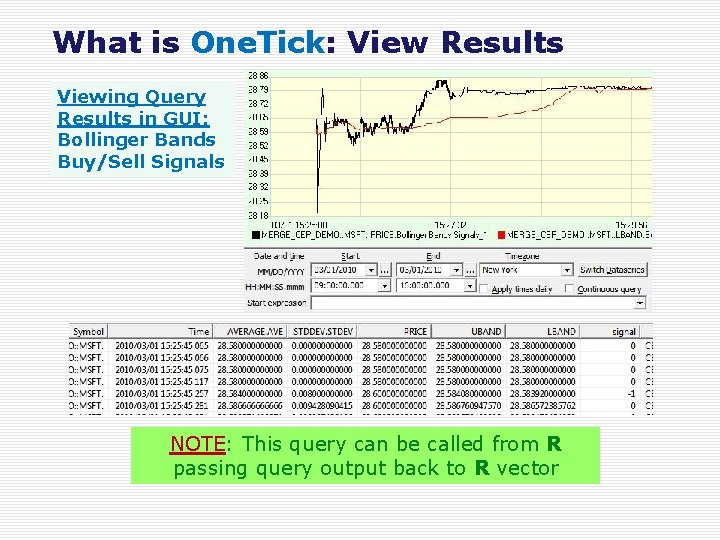 What is One. Tick: View Results Viewing Query Results in GUI: Bollinger Bands Buy/Sell