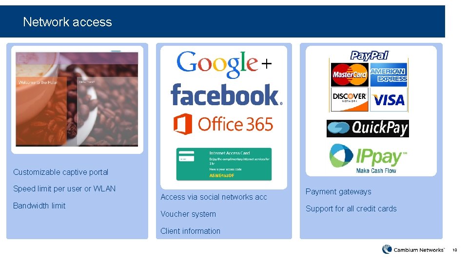 Network access Customizable captive portal Speed limit per user or WLAN Bandwidth limit Access