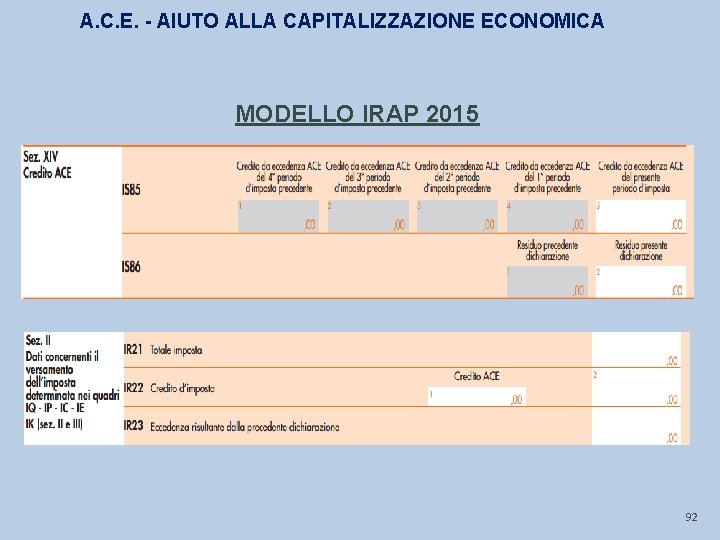 A. C. E. - AIUTO ALLA CAPITALIZZAZIONE ECONOMICA MODELLO IRAP 2015 92 