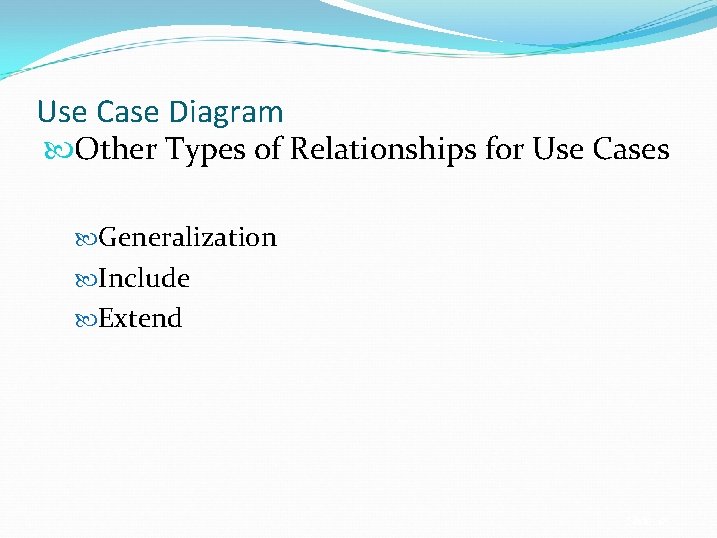 Use Case Diagram Other Types of Relationships for Use Cases Generalization Include Extend Slide