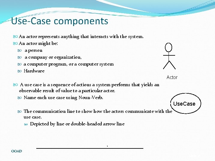 Use-Case components An actor represents anything that interacts with the system. An actor might