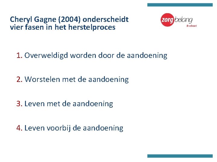 Cheryl Gagne (2004) onderscheidt vier fasen in het herstelproces 1. Overweldigd worden door de