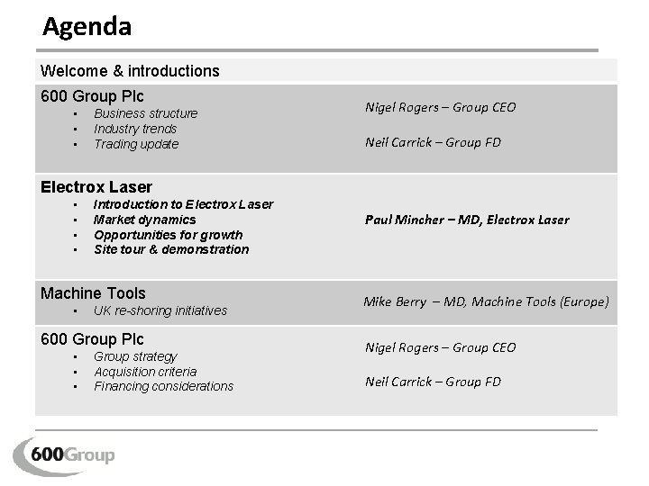 Agenda Welcome & introductions 600 Group Plc • • • Business structure Industry trends