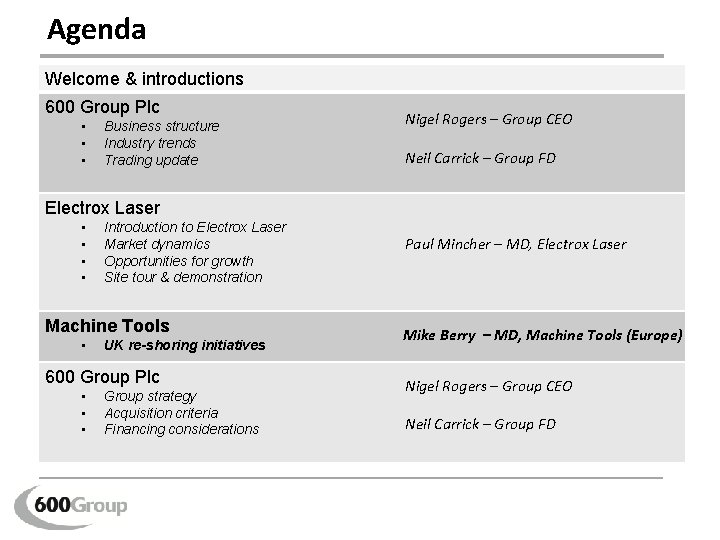 Agenda Welcome & introductions 600 Group Plc • • • Business structure Industry trends Agenda Welcome & introductions 600 Group Plc • • • Business structure Industry trends