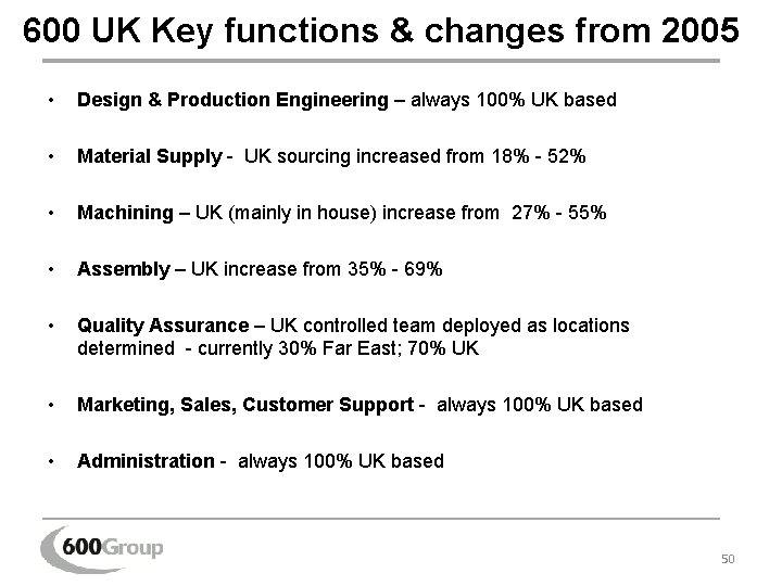 600 UK Key functions & changes from 2005 • Design & Production Engineering –