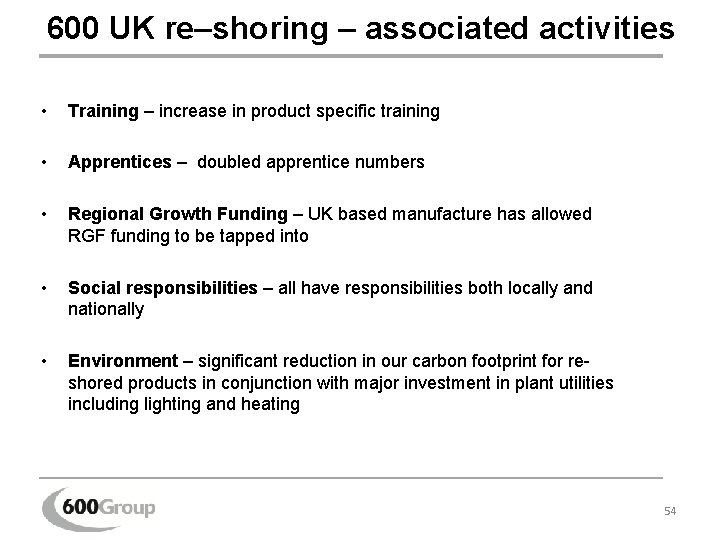 600 UK re–shoring – associated activities • Training – increase in product specific training 600 UK re–shoring – associated activities • Training – increase in product specific training