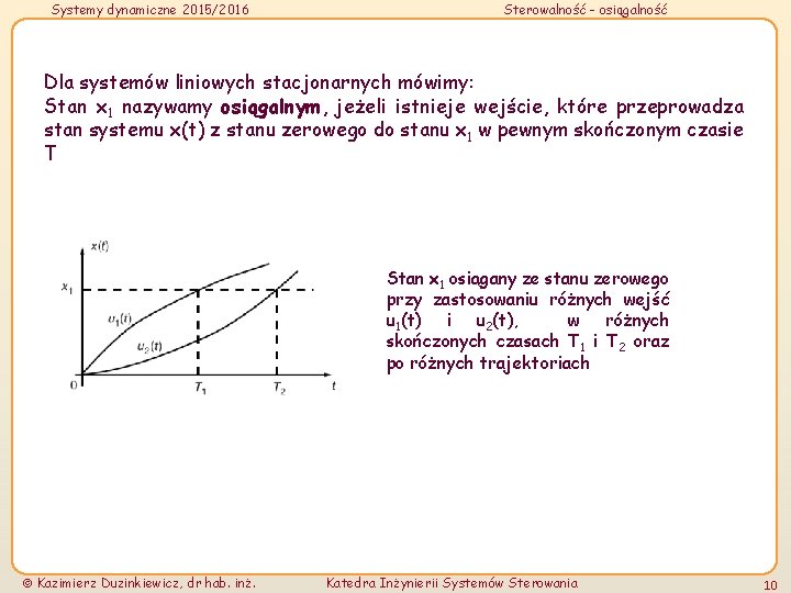 Systemy dynamiczne 2015/2016 Sterowalność - osiągalność Dla systemów liniowych stacjonarnych mówimy: Stan x 1