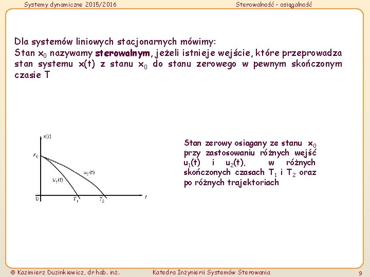 Systemy dynamiczne 2015/2016 Sterowalność - osiągalność Dla systemów liniowych stacjonarnych mówimy: Stan x 0