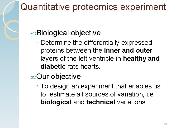 Quantitative proteomics experiment Biological objective ◦ Determine the differentially expressed proteins between the inner
