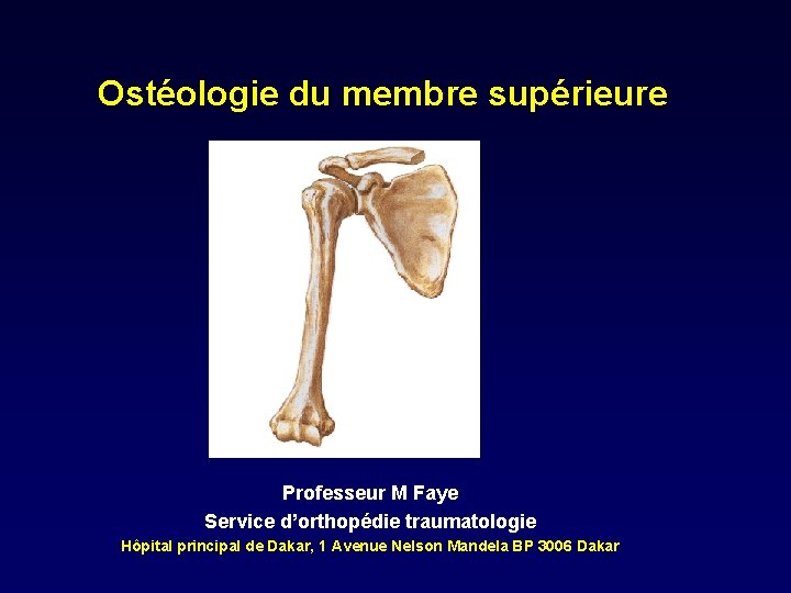Ostéologie du membre supérieure Professeur M Faye Service d’orthopédie traumatologie Hôpital principal de Dakar,