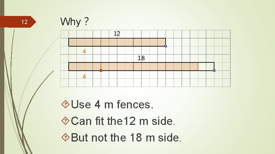12 Why？ Use 4 m fences. Can fit the 12 m side. But not