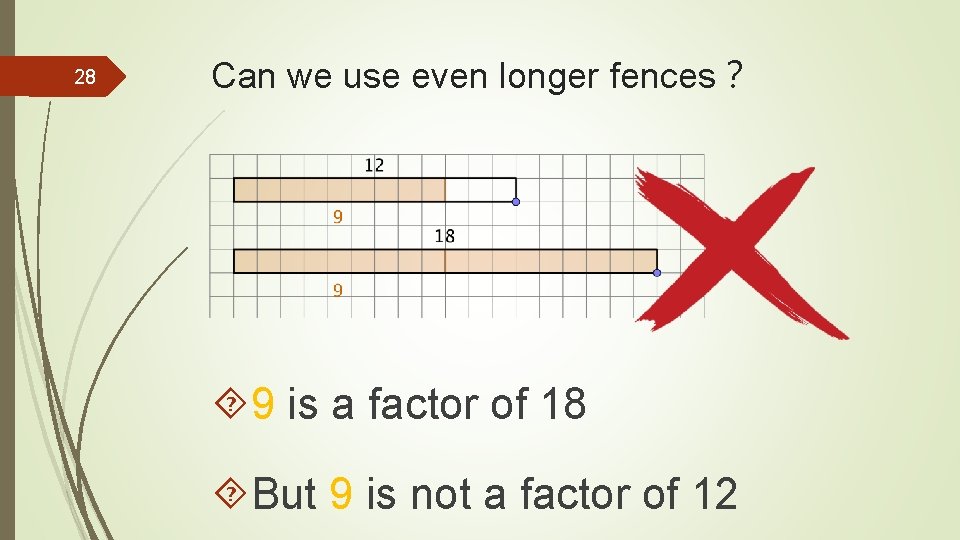 28 Can we use even longer fences？ 9 is a factor of 18 But