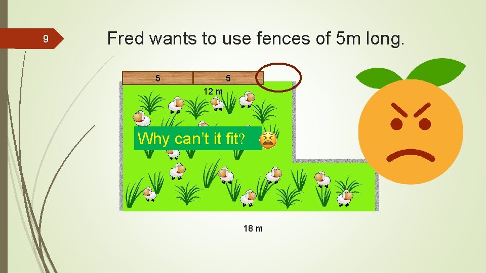 9 Fred wants to use fences of 5 m long. 5 5 12 m