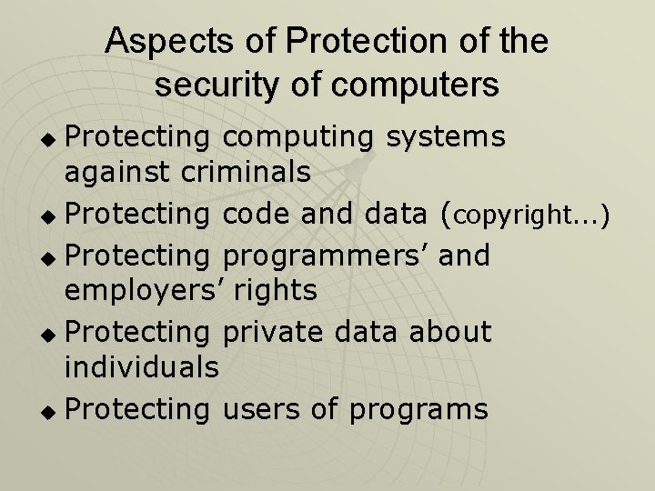 Aspects of Protection of the security of computers Protecting computing systems against criminals u