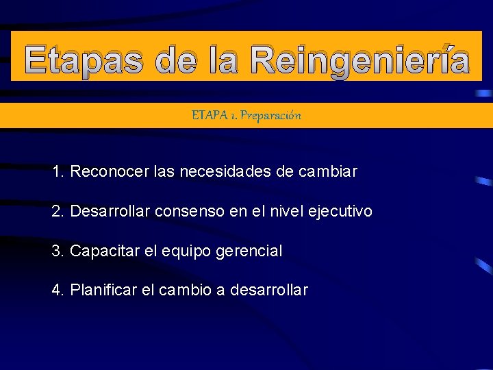 Etapas de la Reingeniería ETAPA 1. Preparación 1. Reconocer las necesidades de cambiar 2.