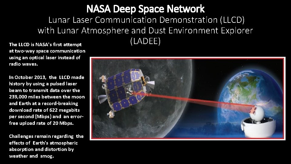 NASA Deep Space Network Lunar Laser Communication Demonstration (LLCD) with Lunar Atmosphere and Dust NASA Deep Space Network Lunar Laser Communication Demonstration (LLCD) with Lunar Atmosphere and Dust