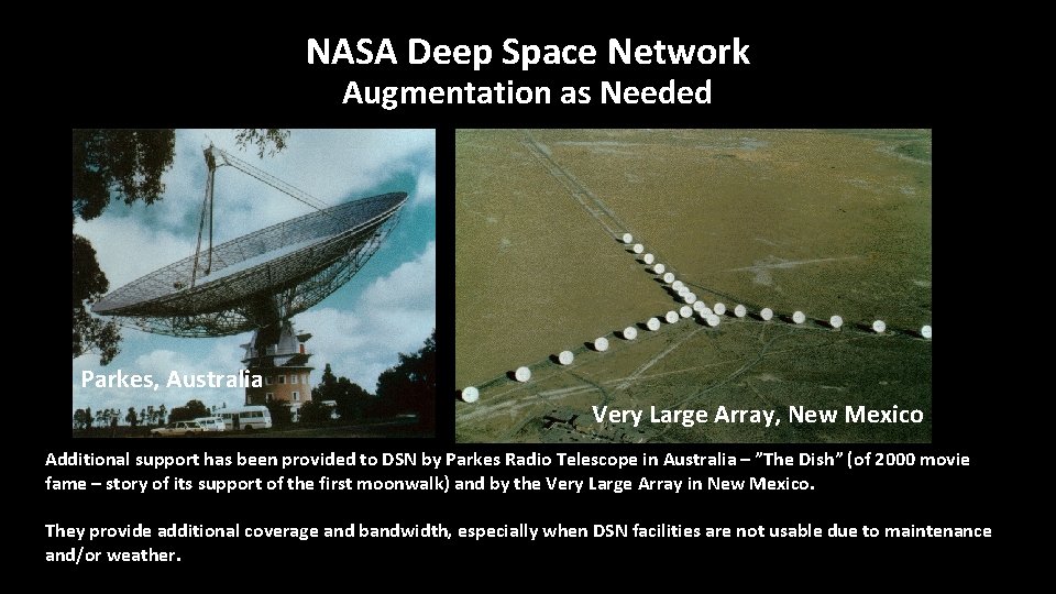 NASA Deep Space Network Augmentation as Needed Parkes, Australia Very Large Array, New Mexico NASA Deep Space Network Augmentation as Needed Parkes, Australia Very Large Array, New Mexico