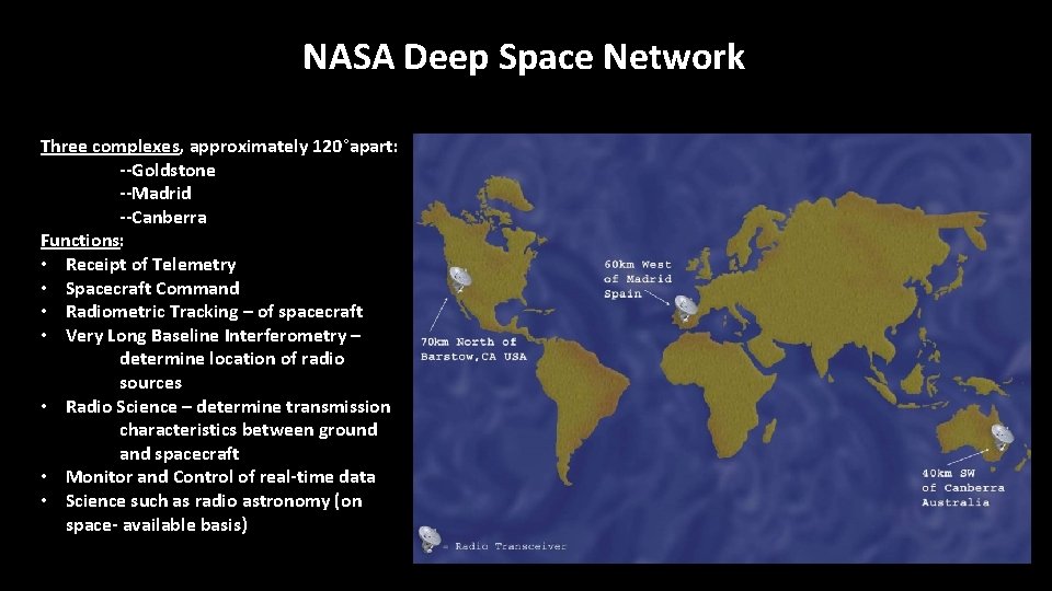 NASA Deep Space Network Three complexes, approximately 120°apart: --Goldstone --Madrid --Canberra Functions: • Receipt NASA Deep Space Network Three complexes, approximately 120°apart: --Goldstone --Madrid --Canberra Functions: • Receipt