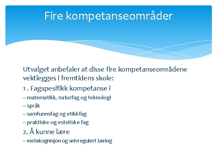 Fire kompetanseområder Utvalget anbefaler at disse fire kompetanseområdene vektlegges i fremtidens skole: 1. Fagspesifikk