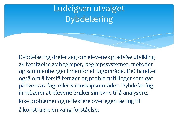 Ludvigsen utvalget Dybdelæring dreier seg om elevenes gradvise utvikling av forståelse av begreper, begrepssystemer,