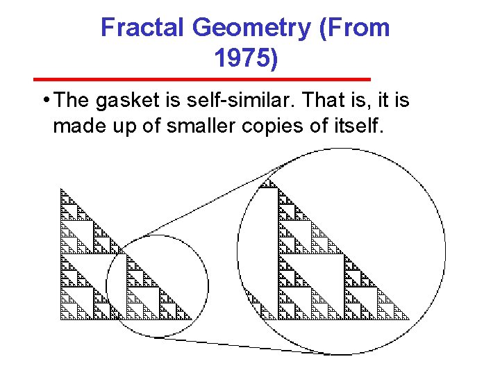 Fractal Geometry (From 1975) • The gasket is self similar. That is, it is