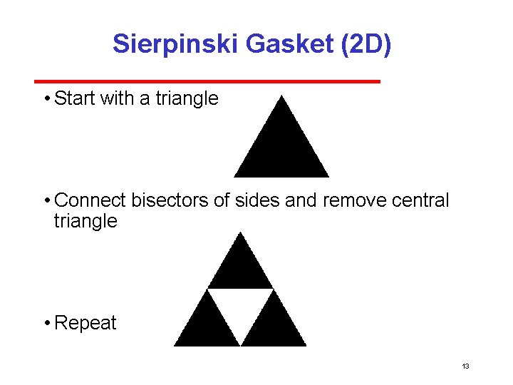 Sierpinski Gasket (2 D) • Start with a triangle • Connect bisectors of sides