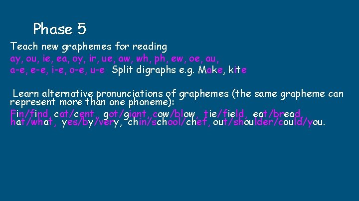 Phase 5 Teach new graphemes for reading ay, ou, ie, ea, oy, ir, ue, Phase 5 Teach new graphemes for reading ay, ou, ie, ea, oy, ir, ue,