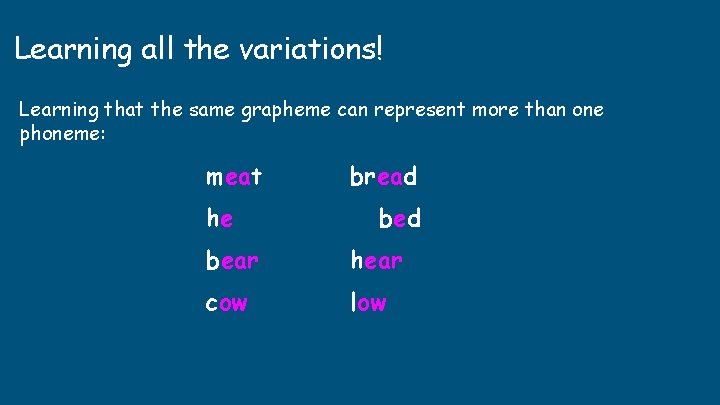 Learning all the variations! Learning that the same grapheme can represent more than one Learning all the variations! Learning that the same grapheme can represent more than one