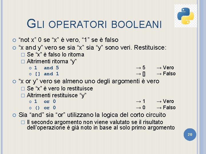 GLI OPERATORI BOOLEANI “not x” 0 se “x” è vero, “ 1” se è