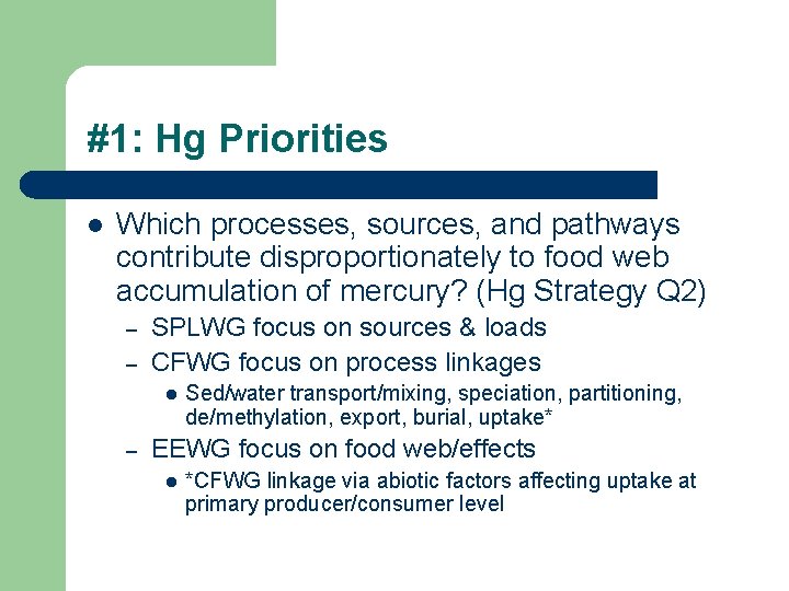 #1: Hg Priorities l Which processes, sources, and pathways contribute disproportionately to food web